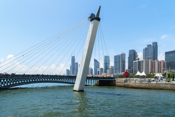 Cable-stayed bridge and modern urban architecture in Qingdao, China