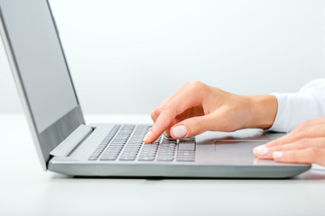 Business Woman Hand Working Laptop Computer. Online Education  And Business Coach Concept. Copy space.