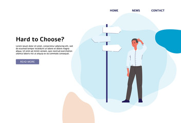 Hard to choose? Businessman standing next to crossroad signpost © sabelskaya