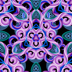 Greek seamless pattern. Colorful patterned geometric background. Ethnic style flowers, leaves, geometry shapes. Ornamental floral mandalas. Greek key meanders ornament. Beautiful modern vector design