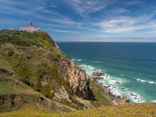 Portugal, may 2019: Cabo da Roca Lighthouse. Cabo da Roca is the most westerly point of the Europe mainland, Sintra