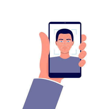 Face recognition app - hand holding a phone with selfie view of cartoon man