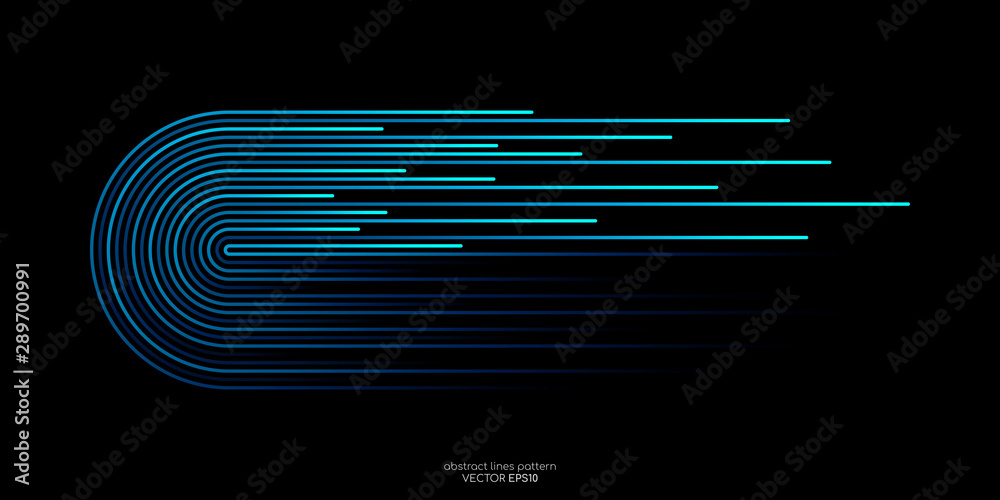 Poster Vector half circles lines flowing dynamic pattern in blue green colors isolated on black background for concept of AI technology, digital, communication, science, music