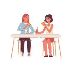 Fototapeta premium Girls, friends or colleagues eating flat cartoon vector illustration isolated.