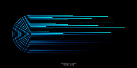 Vector half circles lines flowing dynamic pattern in blue green colors isolated on black background for concept of AI technology, digital, communication, science, music