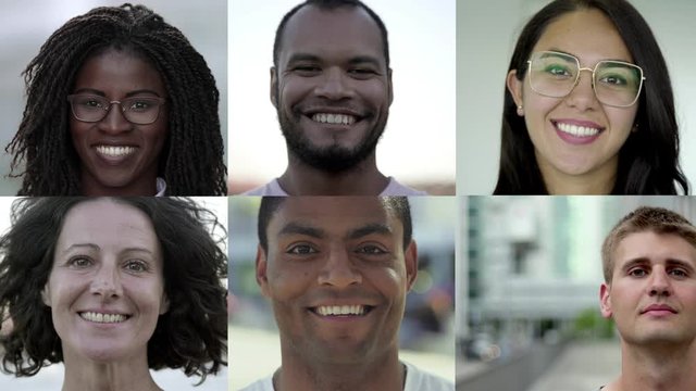 Collage of happy multiethnic people smiling at camera. Close-up of faces of African American, Caucasian, Asian, Indian men and women looking at camera. Multiethnic concept