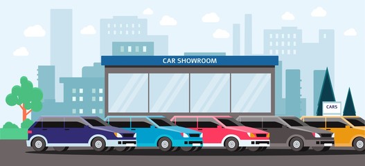 Car showroom - colorful vehicles parked outside of automobile dealership