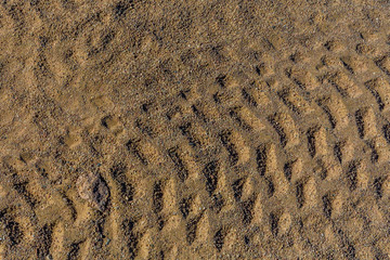 Tracks of the tires on a sand in desert