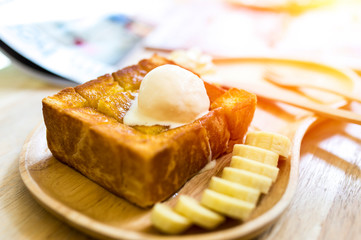 Honey toast with icecream close up