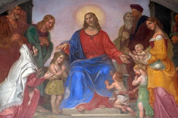 Jesus segnet die Kinder, mit Fresken verzierte Lünette, Ospedale degli Innocenti - Außenarkade, Florenz, Italien © zatletic