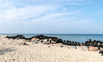 Fototapeta na wymiar view of the sandy beach by the Baltic Sea. Seashore with old car tires and concrete, human waste, Curonian Spit, Russia