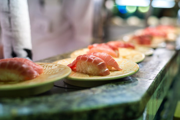 Sushi bar restaurant close up in Japan