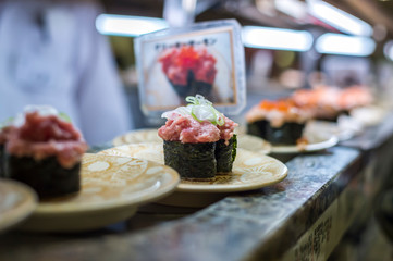 Sushi bar restaurant close up in Japan