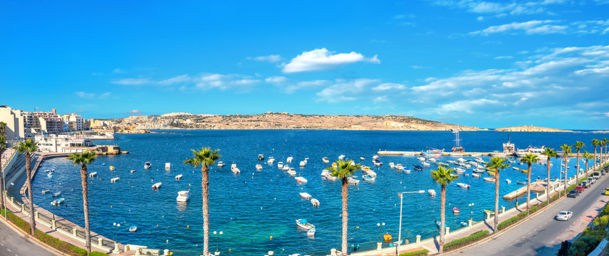 Skyline view of shoreline in Bugibba resort district. Malta