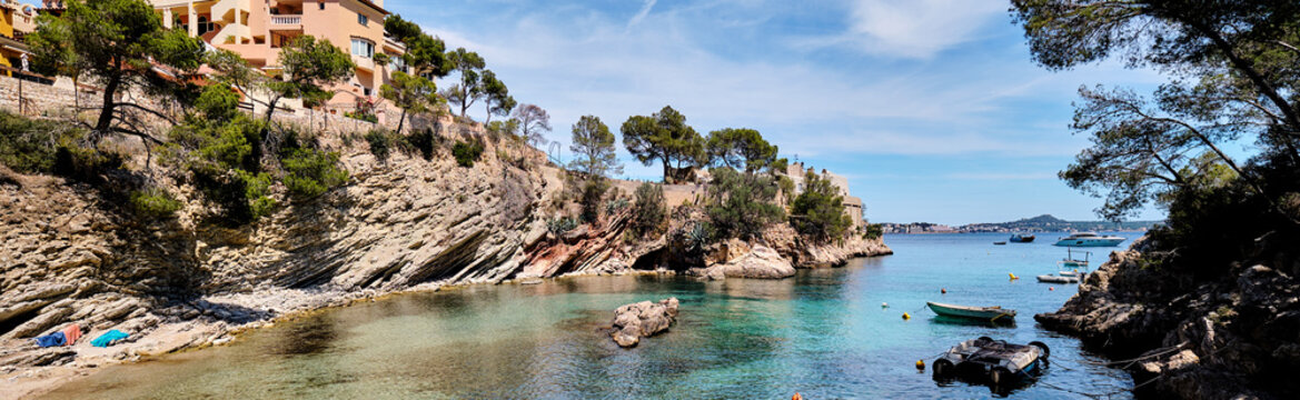 Picturesque beach Calo de ses Llises panoramic image, Calvia, Mallorca Island, Baleares, Spain