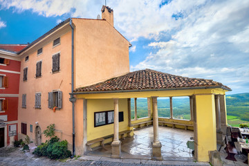 Cafe terrace with view over hills in Motovun. Istria, Croatia.
