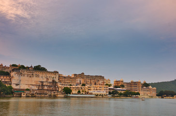 View of City Palace & Palace Hotels from Gangaur Ghat, Udaipur, Rajasthan, India