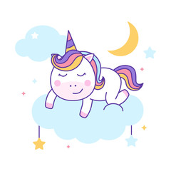 Cute unicorn sleeping on cloud vector illustration isolated background