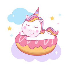Cute unicorn sleeping on donuts vector illustration isolated background