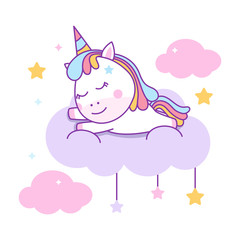 Obraz na płótnie Canvas Cute unicorn sleeping on cloud vector illustration isolated background