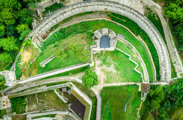 Aerial view of the outer fortifications of Trencin castle with gate tower and barbican in Slovakia