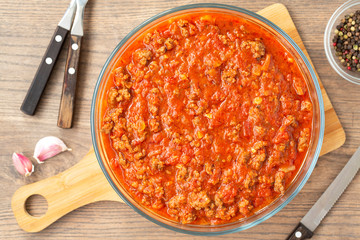 Potato casserole with minced meat and tomato sauce. 