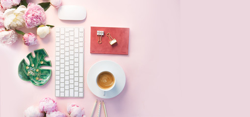 Top view home office workspace