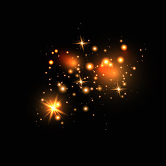 Set of gold glowing light effects isolated on dark background. Glow light effect. Star exploded sparkles.