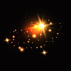 Fototapeta premium Set of gold glowing light effects isolated on dark background. Glow light effect. Star exploded sparkles.