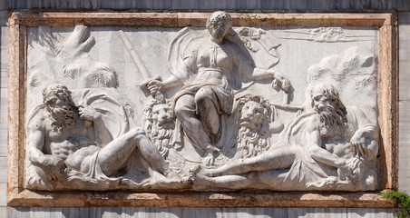 Relief representing Venice as Justice from the Loggetta by Jacopo Sansovino, under the Campanile di...