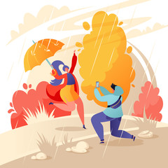 Cute vector illustration with pair of happy young people. Man photographing woman on phone against the background of the autumn landscape. Autumn weather with rain. Flat cartoon characters.