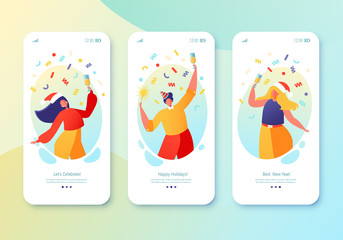 Concept for website or web page on winter holidays theme. Website layout with flat people characters celebrating New Year, drink champagne, hold sparklers, dancing. Mobile app page, screen set.