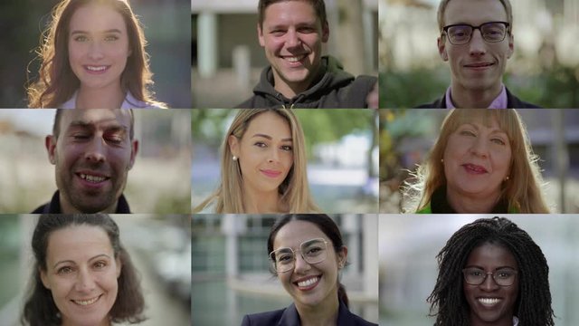 Montage of positive citizens smiling at camera. Multiscreen of young and middle-aged people in urban background. Ethnicity variation concept