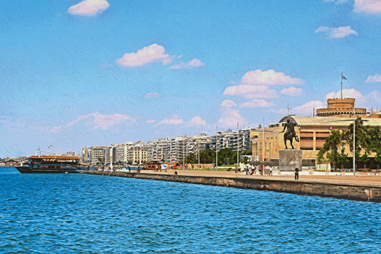 Drawing of the waterfront city  Thessaloniki. Greece.