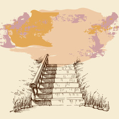 Stairs in a park or garden hand drawing, grunge banner for text