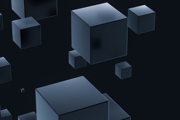 Dark cubes randomly distributed in the air, 3d rendering.