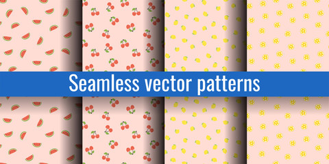 Seamless fruit pattern set. Children's pink print collection. Smiling watermelon, cherry, lemon. Design elements for textiles or clothes. Hand drawn doodle cute wallpaper.