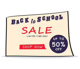 Back to school sale discount banner with shop now button isolated on white background. Template design for education poster, flyer, online shopping, website promotion