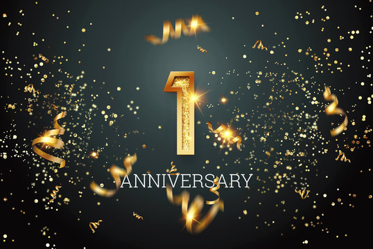 Golden numbers, 1 years anniversary celebration on dark background and confetti. celebration template, flyer. 3D illustration, 3D rendering