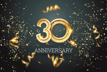 Golden numbers, 30 years anniversary celebration on dark background and confetti. celebration template, flyer. 3D illustration, 3D rendering