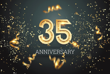Golden numbers, 35 years anniversary celebration on dark background and confetti. celebration template, flyer. 3D illustration, 3D rendering - obrazy, fototapety, plakaty