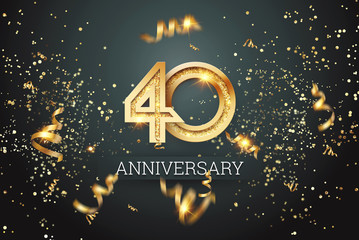 Golden numbers, 40 years anniversary celebration on dark background and confetti. celebration template, flyer. 3D illustration, 3D rendering - obrazy, fototapety, plakaty