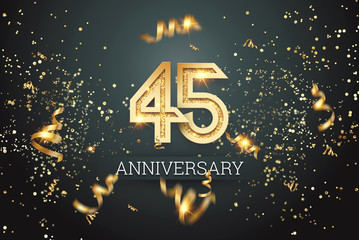 Golden numbers, 45 years anniversary celebration on dark background and confetti. celebration template, flyer. 3D illustration, 3D rendering - obrazy, fototapety, plakaty