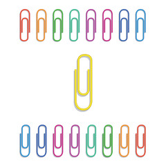 Set of realistic multi colored paper clips isolated on white background. Design element for school supplies. Stationery and office supply.