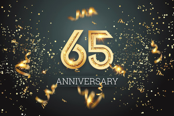 Golden numbers, 65 years anniversary celebration on dark background and confetti. celebration template, flyer. 3D illustration, 3D rendering