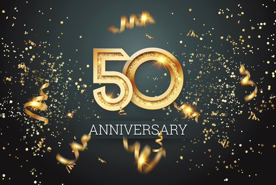 Golden numbers, 50 years anniversary celebration on dark background and confetti. celebration template, flyer. 3D illustration, 3D rendering