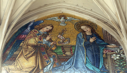 Mosaic of Annunciation from main portal of Maria am Gestade church in Vienna