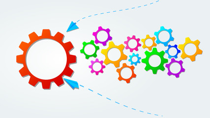 Teamwork concept with colorful gears or cogwheel icons. Business strategy, leadership. Idea of partnership and collaboration. Flat banner design for development, team work, project management.