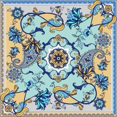 Abstract silk scarf pattern with paisley. Indigo traditional paisley pattern.