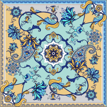 Abstract silk scarf pattern with paisley. Indigo traditional paisley pattern.